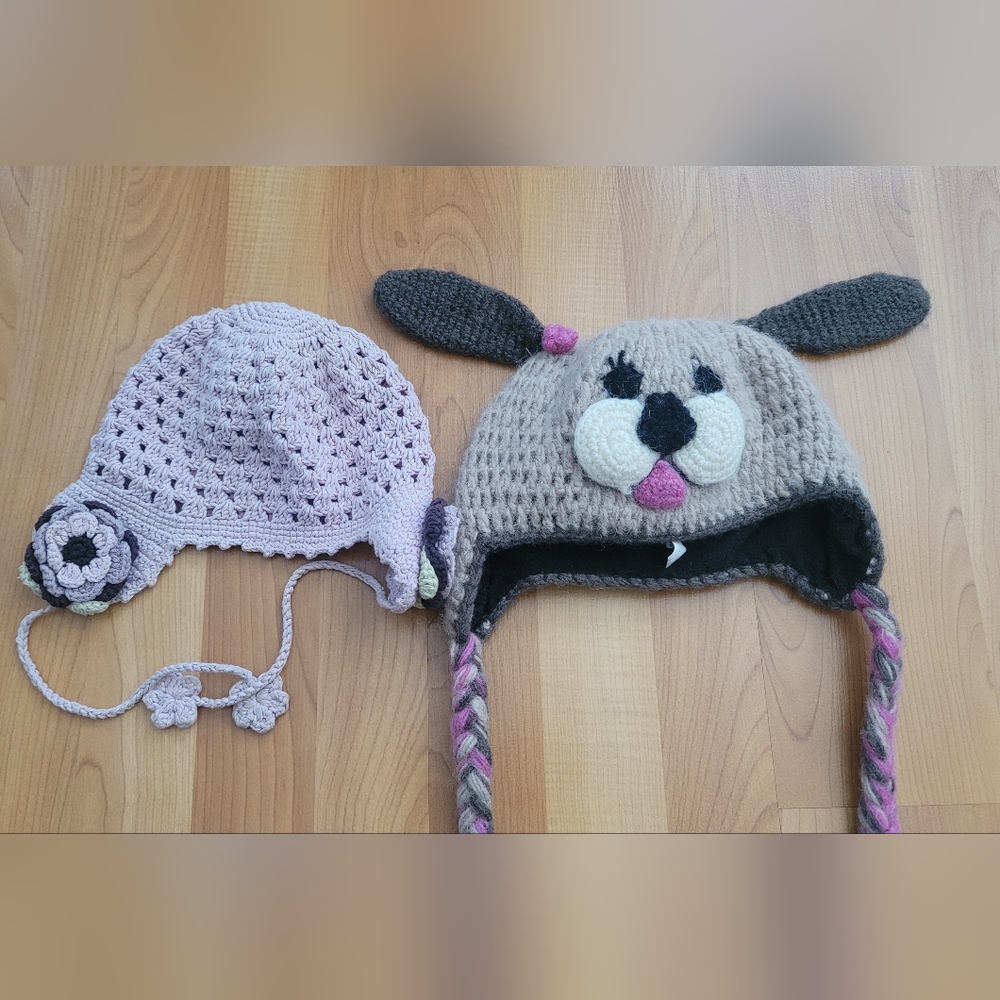 World Market Girls Sz 2T-3T Winter Hat Brown Dog With Ears & Crochet Pink Hat